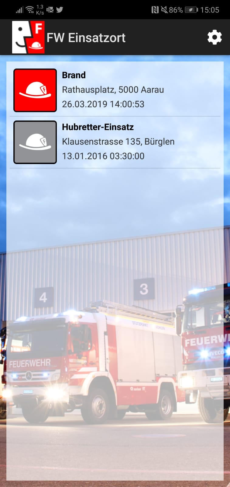 Screenshot aus FW-Einsatzort App: Hauptansicht